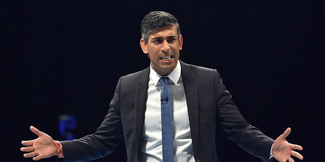 Rishi Sunak addresses a Conservative Party leadership election hustings at the NEC, Birmingham, England, Tuesday, Aug. 23, 2022. 