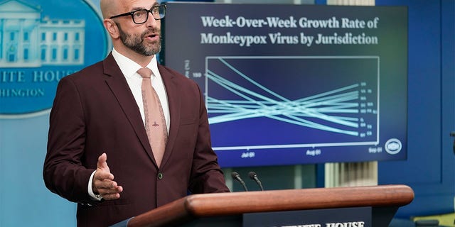 Dr. Demetre Daskalakis, White House Monkeypox response deputy coordinator, speaks during a press briefing at the White House, Wednesday, Sept. 7, 2022. 