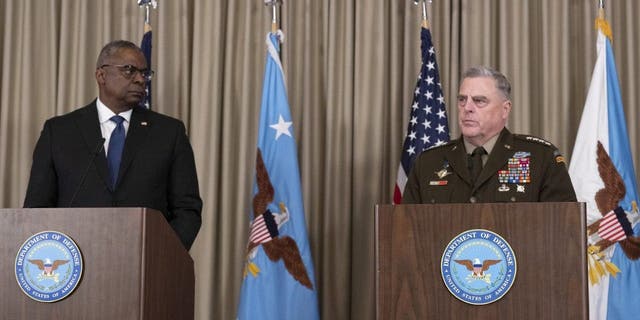 Defense Secretary Lloyd Austin and Gen. Mark Milley make a press statement after the Ukraine conference, at the Ramstein Air Base, Germany, Thursday, Sept. 8, 2022.
