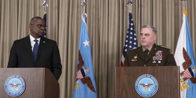 Defense Secretary Lloyd Austin and Gen. Mark Milley make a press statement after the Ukraine conference, at the Ramstein Air Base, Germany, Thursday, Sept. 8, 2022.