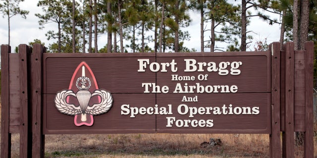 A sign is seen at Fort Bragg, North Carolina.