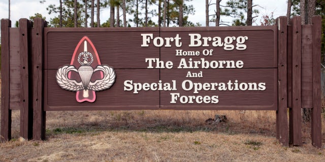 A sign is seen at Fort Bragg, North Carolina.