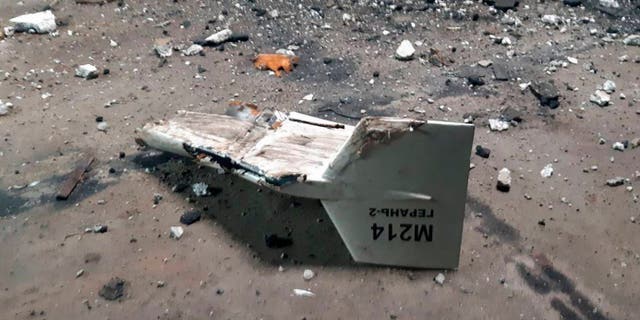 This undated photograph released by the Ukrainian military's Strategic Communications Directorate shows the wreckage of what Kyiv has described as an Iranian Shahed drone downed near Kupiansk, Ukraine. 