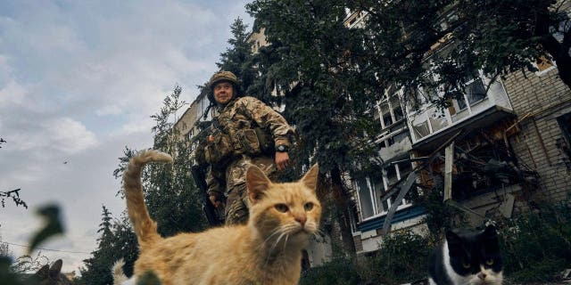 A Ukrainian soldier stands in Izium, Kharkiv region, Ukraine, Tuesday, Sept. 13, 2022.
