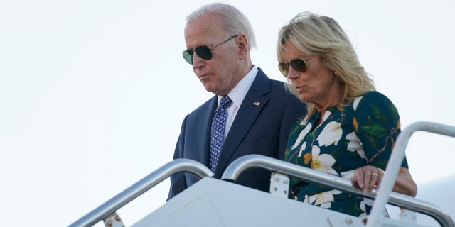 President Joe Biden and first lady Jill Biden arrive at Delaware Air National Guard Base on Sept. 13, 2022, to travel to Wilmington, Delaware.
