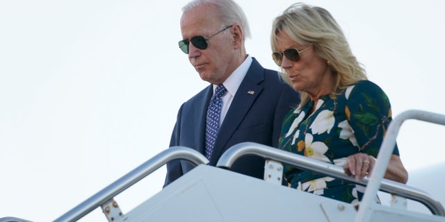 President Joe Biden and first lady Jill Biden arrive at Delaware Air National Guard Base on Sept. 13, 2022, to travel to Wilmington, Delaware.