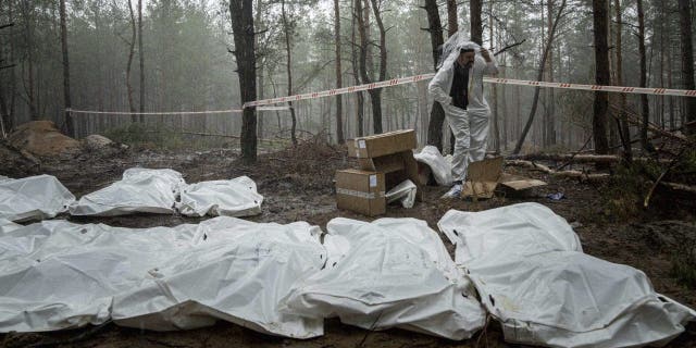 Bags with dead bodies are seen during the exhumation in the recently retaken area of Izyum, Ukraine, Friday, Sept. 16, 2022.