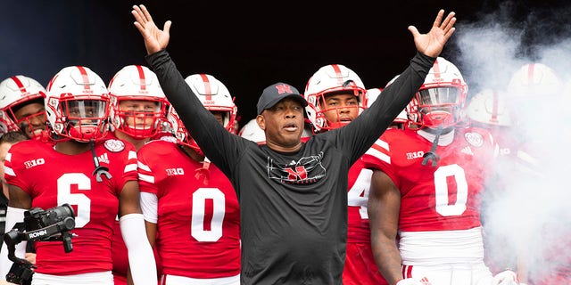 Nebraska interim head coach Mickey Joseph leads the team onto the field before a game against Oklahoma, Saturday, Sept. 17, 2022, in Lincoln, Neb. 