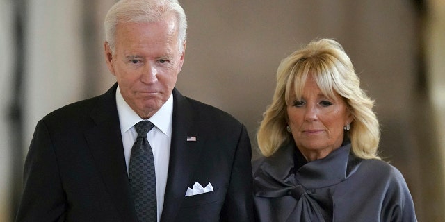 President Joe Biden and First Lady Dr. Jill Biden prepare to view the coffin of Queen Elizabeth II. 