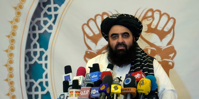 Amir Khan Muttaqi, the Taliban-appointed Foreign Minister, speaks during the release ceremony of Bashir Noorzai, a senior Taliban detainee held in an American prison, at the Intercontinental Hotel, in Kabul, Afghanistan, Monday, Sept. 19, 2022. 