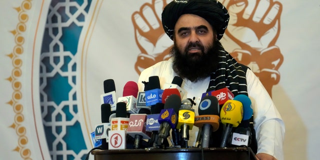 Amir Khan Muttaqi, the Taliban-appointed Foreign Minister, speaks during the release ceremony of Bashir Noorzai, a senior Taliban detainee held in an American prison, at the Intercontinental Hotel, in Kabul, Afghanistan, Monday, Sept. 19, 2022. 