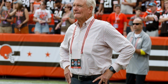 Cleveland Browns owner Jimmy Haslam watches after the New York Jets recovered an onside kick during the second half of their NFL game in Cleveland, Ohio, on Sept. 18, 2022.