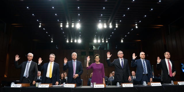 From left, Wells Fargo &amp; Company CEO and President Charles Scharf, Bank of America Chairman and CEO Brian Thomas Moynihan, JPMorgan Chase &amp; Company Chairman and CEO Jamie Dimon, Citigroup CEO Jane Fraser, Truist Financial Corporation Chairman and CEO William Rogers Jr., U.S. Bancorp Chairman, President, and CEO Andy Cecere, and The PNC Financial Services Group Chairman, President, and CEO William Demchak.