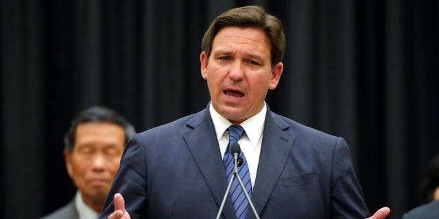 Florida Gov. Ron DeSantis speaks during a press conference Thursday in Miami where he blamed China for fentanyl coming into the United States.