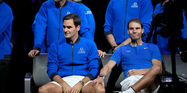 An emotional Roger Federer, of Team Europe, is consoled by his playing partner Rafael Nadal after their Laver Cup doubles match against Team World's Jack Sock and Frances Tiafoe at the O2 arena in London, Friday, Sept. 23, 2022. Federer's losing doubles match with Nadal marked the end of an illustrious career that included 20 Grand Slam titles and a role as a statesman for tennis.