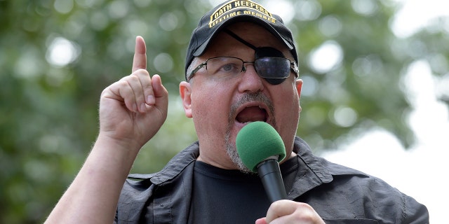 Stewart Rhodes, founder of the Oath Keepers, speaks during a rally outside the White House in Washington, June 25, 2017.