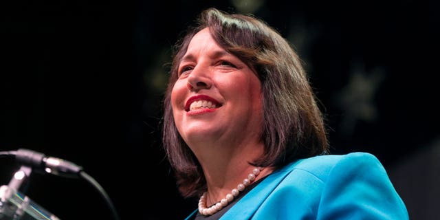 Salem, Mass. Mayor, and candidate for lieutenant governor, Kim Driscoll speaks during the state’s Democratic party convention, Saturday, June 4, 2022, in Worcester, Mass. Massachusetts Attorney General and Democratic gubernatorial candidate Maura Healey is poised to make history with her running mate, Driscoll, by becoming the first two-woman governor/lieutenant governor ticket elected to lead any state. (AP Photo/Michael Dwyer, File)