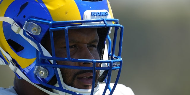 Los Angeles Rams defensive end Aaron Donald, #99, during training camp at Cal Lutheran University in Thousand Oaks, California, Aug. 29, 2022.