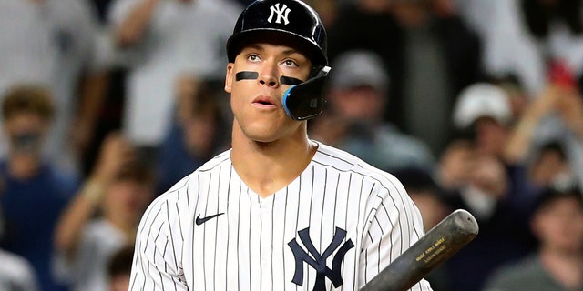 New York Yankees designated hitter Aaron Judge reacts after taking on Boston Red Sox starter Brayan Bello in the third inning of a baseball game in New York on Sunday, Sept. 25, 2022.