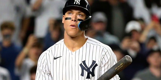 New York Yankees designated hitter Aaron Judge reacts after taking on Boston Red Sox starter Brayan Bello in the third inning of a baseball game in New York on Sunday, Sept. 25, 2022.