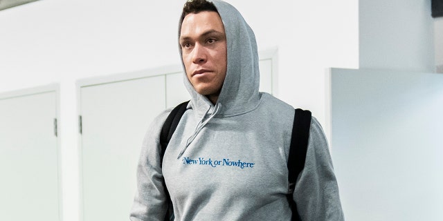 Aaron Judge of the New York Yankees arrives before playing the Toronto Blue Jays on Sept. 26, 2022, in Toronto.
