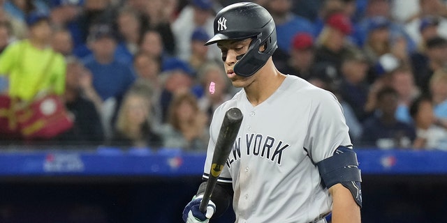 New York Yankees' Aaron Judge after striking out during sixth inning against the Toronto Blue Jays, Monday, Sept. 26, 2022.