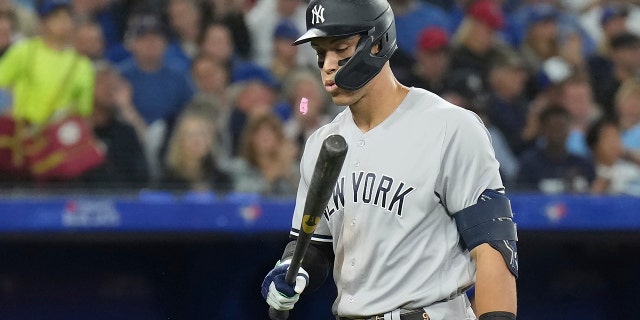New York Yankees' Aaron Judge after striking out during sixth inning against the Toronto Blue Jays, Monday, Sept. 26, 2022.