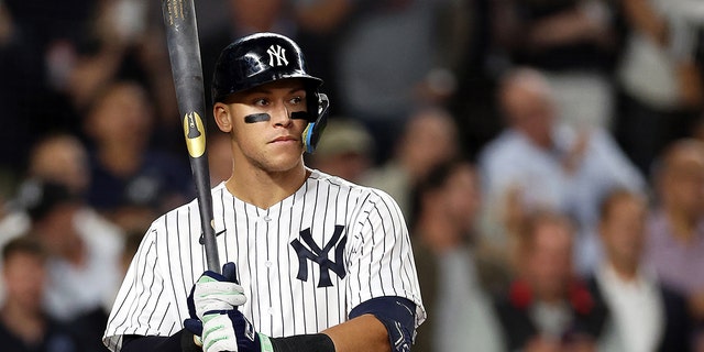 New York Yankees #99 Aaron Judge bats during a game against the Pittsburgh Pirates at Yankee Stadium in the Bronx, New York City, September 20, 2022. 