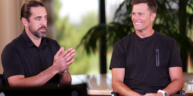 Aaron Rodgers and Tom Brady take part in the quarterback roundtable prior to Capital One's The Match VI - Brady, Rodgers v Allen & Mahomes at Wynn Golf Club on June 01, 2022, in Las Vegas, Nevada.