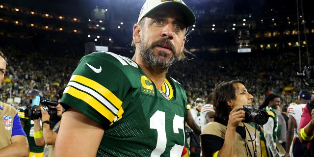 Aaron Rodgers of the Packers after a win over the Chicago Bears at Lambeau Field on Sept. 18, 2022, in Green Bay, Wisconsin.
