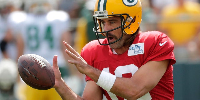 Aug 1, 2022; Green Bay, WI, USA; Green Bay Packers quarterback Aaron Rodgers (12) during training camp Monday, August 1, 2022, at Ray Nitschke Field in Green Bay, Wis.