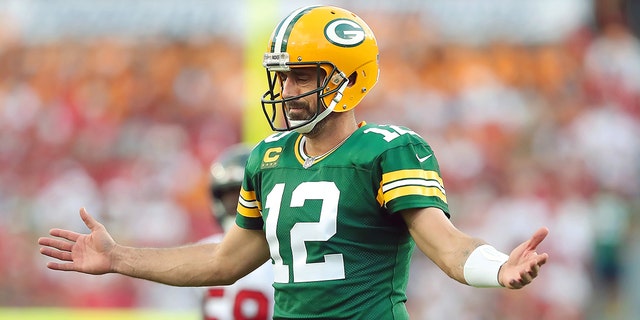 Green Bay Packers Quarterback Aaron Rodgers (12) reacts to a play during the regular season game between the Green Bay Packers and the Tampa Bay Buccaneers on September 25, 2022 at Raymond James Stadium in Tampa, Florida.