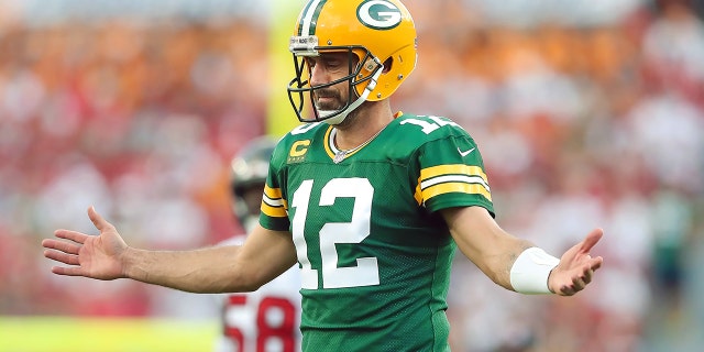 Green Bay Packers Quarterback Aaron Rodgers (12) reacts to a play during the regular season game between the Green Bay Packers and the Tampa Bay Buccaneers on September 25, 2022 at Raymond James Stadium in Tampa, Florida.