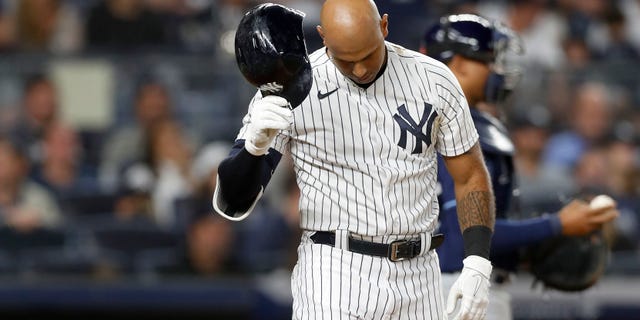 Aaron Hicks #31 of the New York Yankees strikes out to end the third inning against the Tampa Bay Rays at Yankee Stadium on September 09, 2022 in the Bronx borough of New York City. 