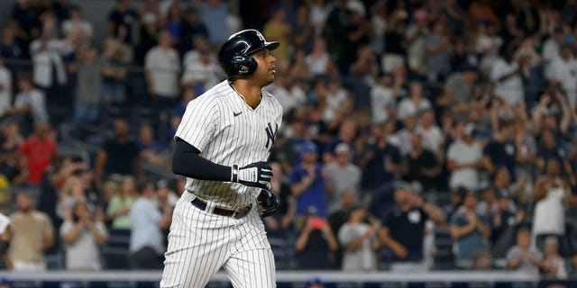 Aaron Hicks #31 of the New York Yankees draws a bases loaded walk against the Kansas City Royals at Yankee Stadium on July 29, 2022 in New York City. The Yankees defeated the Royals 11-5.