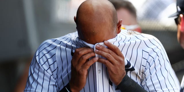 New York Yankees' Aaron Hicks #31 reacts to a strikeout after playing against the Kansas City Royals during the seventh inning of a game at Yankee Stadium in New York City on July 30, 2022. Yankees to Royals 8-2 win.