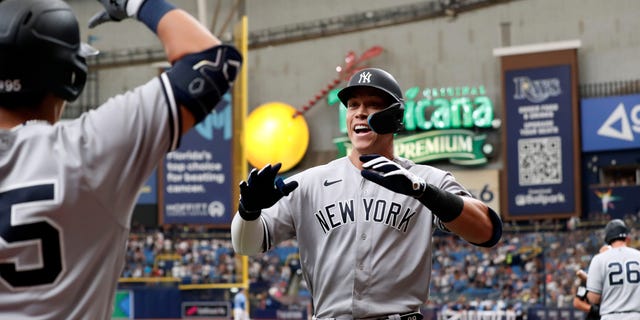 New York Yankees' Aaron Judge celebrates after hitting a home run during the first inning against the Tampa Bay Rays in St. Petersburg, Florida, on Sept. 4, 2022.