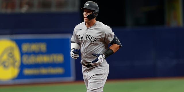 New York Yankees' Aaron Judge circles the bases after hitting a home run against the Tampa Bay Rays during the first inning in St. Petersburg, Florida, on Sept. 4, 2022.