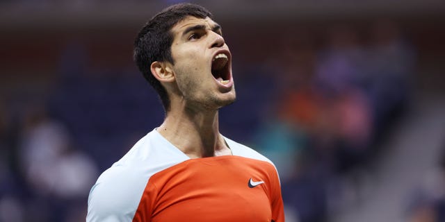 Carlos Alcaraz, of Spain, reacts to a lost point in a tie-breaker against Jannik Sinner, of Italy, during their Men’s Singles Quarterfinal match on Day Ten of the 2022 US Open.