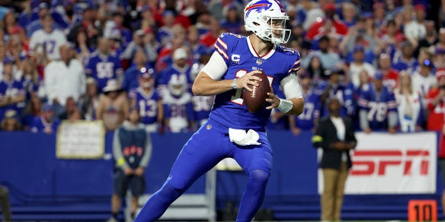 Josh Allen #17 of the Buffalo Bills looks to pass during the first half of the game against the Tennessee Titans on September 19, 2022 at Highmark Stadium in Orchard Park, New York.