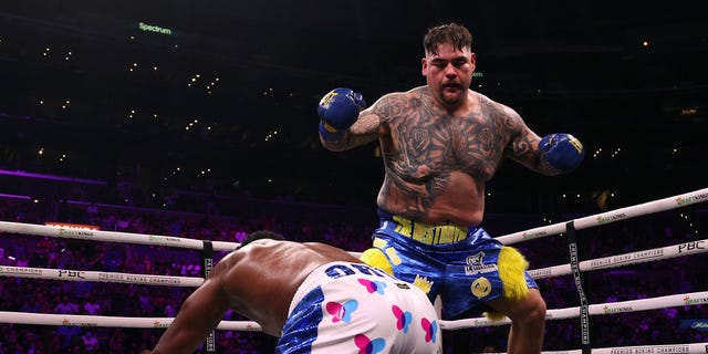 Andy Ruiz Jr. reacts after knocking down Luis Ortiz by unanimous decision in a WBC World Heavyweight Title Eliminator match on September 4, 2022 in Los Angeles.