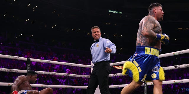 Andy Ruiz Jr. takes a corner as directed by referee Thomas Taylor after knocking down Luis Ortiz by unanimous decision in a WBC World Heavyweight Title Eliminator match on September 4, 2022 in Los Angeles. going now.