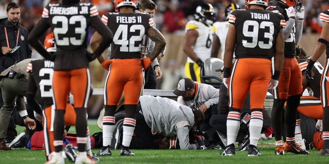 Anthony Walker Jr. #5 of the Cleveland Browns is injured on a play during the third quarter against the Pittsburgh Steelers at FirstEnergy Stadium on September 22, 2022 in Cleveland, Ohio.