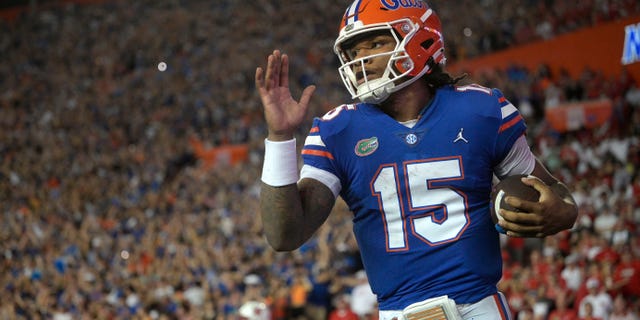 Florida quarterback Anthony Richardson runs through the end zone after rushing for a 45-yard touchdown against Utah, Saturday, Sept. 3, 2022, in Gainesville.