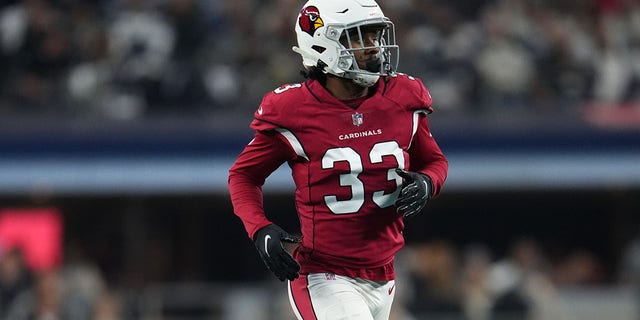 Antonio Hamilton of the Arizona Cardinals defends against the Dallas Cowboys during an NFL game at AT and T Stadium in Arlington, Texas, on Jan. 2, 2022.