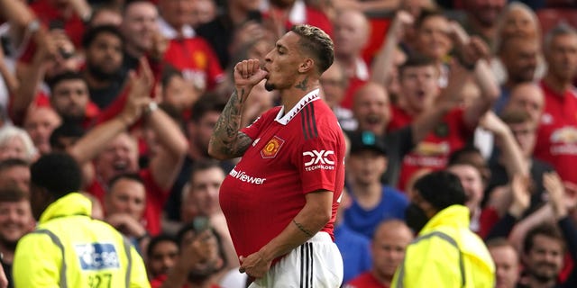 Manchester United's Anthony celebrates after scoring a goal against Arsenal on Sunday 4 September 2022.