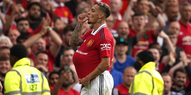 Manchester United's Anthony celebrates after scoring a goal against Arsenal on Sunday 4 September 2022.