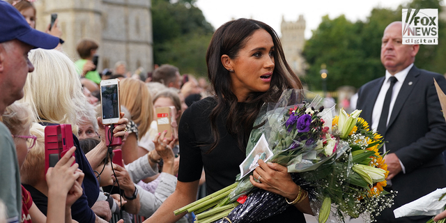 Meghan was seen shaking hands with members of the public lined up along the barricades.