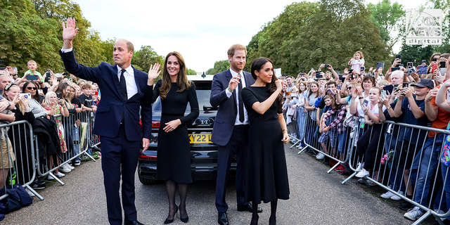 Catherine, Princess of Wales, Prince William, Prince of Wales, Prince Harry, Duke of Sussex, and Meghan, Duchess of Sussex, on the long walk at Windsor Castle on Sept.  10, 2022, meet and greet with well-wishers.