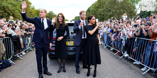 Catherine, Princess of Wales, Prince William, Prince of Wales, Prince Harry, Duke of Sussex, and Meghan, Duchess of Sussex, on the long walk at Windsor Castle on Sept. 10, 2022, meet and greet with well-wishers.